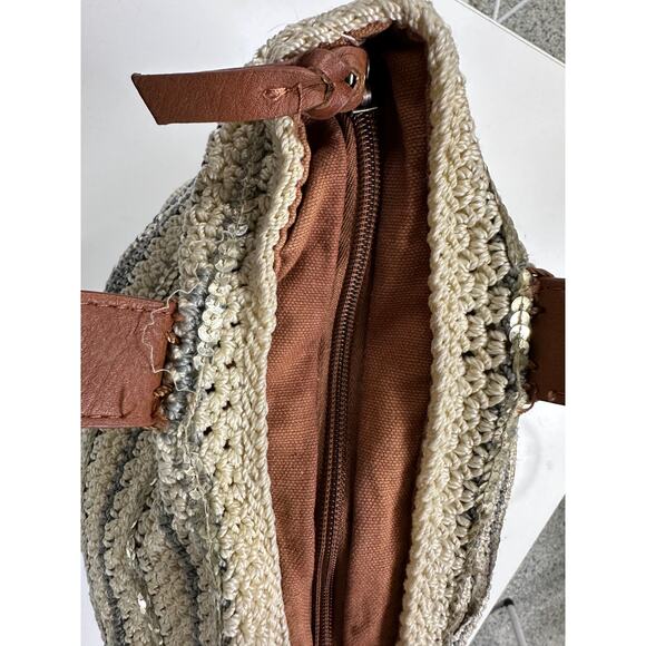 THE SAK BAG Large Zipper Crocheted Leather Trim Cream Gray - Picture 6 of 16